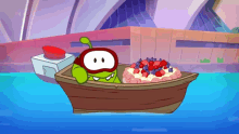 a cartoon character is floating in a boat with a cake in it