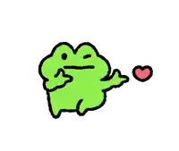 a green frog is holding a red heart in its mouth .