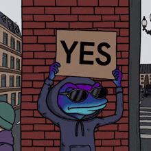 a cartoon of a frog holding a sign that says yes