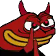 a pixel art drawing of a devil with horns and a yellow mouth .