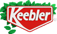 a red and white keebler logo with green leaves behind it