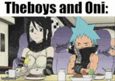 a couple of anime characters sitting at a table with the words the boys and oni