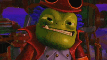 a cartoon character with a green face and a red jacket