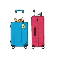 a blue suitcase and a red suitcase with a cat on top of them