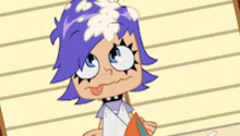 a cartoon character with blue hair and a flower on her head sticking out her tongue