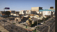an aerial view of a city with a mega mall in the distance