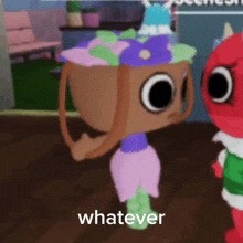 a cartoon character with a basket on her head is standing next to another cartoon character and says `` whatever '' .