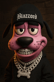 a cartoon dog wearing a black beanie with blazzard written on it