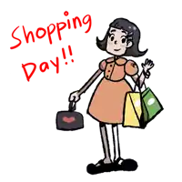 a cartoon drawing of a girl holding shopping bags and the words shopping day written above her