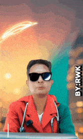 a man with sunglasses and a stethoscope around his neck has the name rwk on the bottom