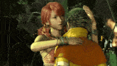a woman with red hair hugs a man in a yellow jacket