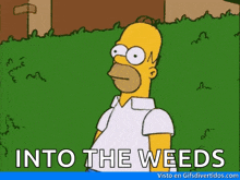 a cartoon of homer simpson with the words into the weeds