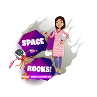 an advertisement for nick world asteroid day shows a woman standing next to a robot