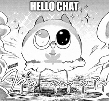 a black and white drawing of a bird with the words hello chat on it