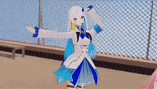 a girl with white hair and blue wings is standing in front of a fence
