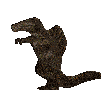 a striped dinosaur with a long tail is standing on its hind legs