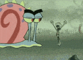 a cartoon of squidward and gary from spongebob squarepants standing next to each other