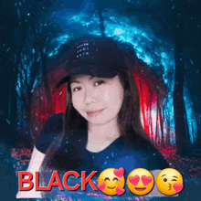 a woman in a black hat is surrounded by fire and the word black