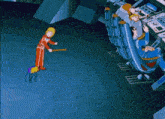a cartoon character is standing in front of a group of people in chairs