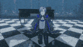 a video game character is standing on a checkered floor in a room .