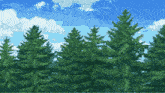a painting of a forest with a blue sky and clouds