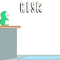 a cartoon penguin is standing on a ledge with the word risk above it