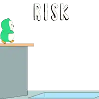 a cartoon penguin is standing on a ledge with the word risk above it