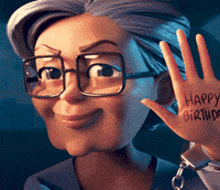 a cartoon character with glasses and a hand that says happy birthday on it