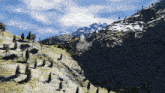 a helicopter is flying over a mountain with trees on the side