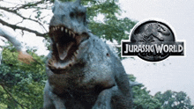 a jurassic world logo with a dinosaur in the foreground