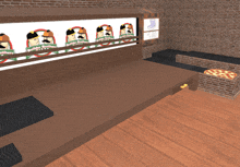 a room with a brick wall and a wooden table with a pizza on it