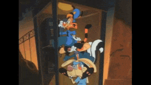 a group of cartoon characters in a phone booth