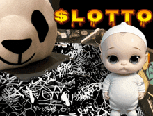 a baby doll is standing in front of a sign that says slotto