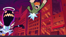 a cartoon character is flying through the air in front of a store that says tramp