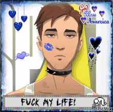 a cartoon of a man with a choker and the words fuck my life on the bottom