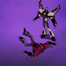 a cartoon drawing of a robot laying on the ground with a purple background