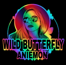 a logo for wild butterfly aniemon with a woman in sunglasses