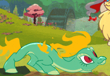a cartoon of a pony with a red eye laying on the ground