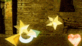 a brick wall with a bunch of stars and hearts flying in the air .