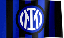a blue and black striped flag with a white circle with the letter n in the center