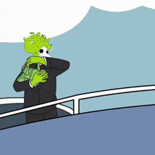 a cartoon of a man in a suit and mask with a virus on his head .