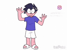 a cartoon drawing of a boy wearing a blue shirt and shorts