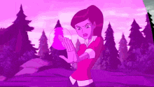 a cartoon girl is holding a pink object in her hands in front of a forest .