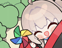 a cartoon drawing of a girl holding a colorful windmill