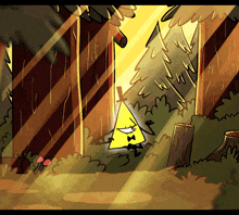 a cartoon drawing of a triangle in a forest