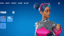 a screenshot of a video game shows a girl with blue and pink hair