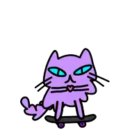a purple cat is riding a skateboard with a heart above it