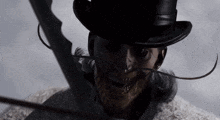 a man wearing a top hat and a beard holds a sword