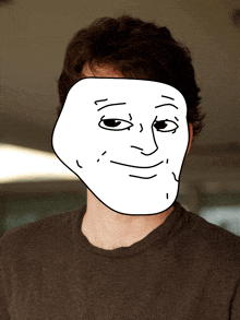 a man wearing a brown shirt has a cartoon face on his face