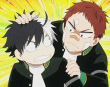 a man with a bandage on his forehead holds another man 's head